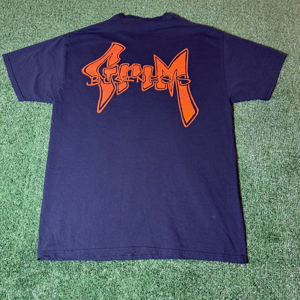 Grim Business Graphic T-Shirt Navy Blue Orange Logo Fruit of the Loom Large